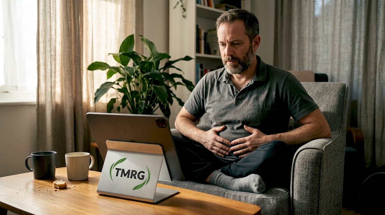 Man doing diaphragmatic breathing exercise in living room