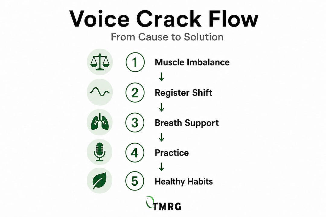Visual flowchart of voice crack causes and solutions