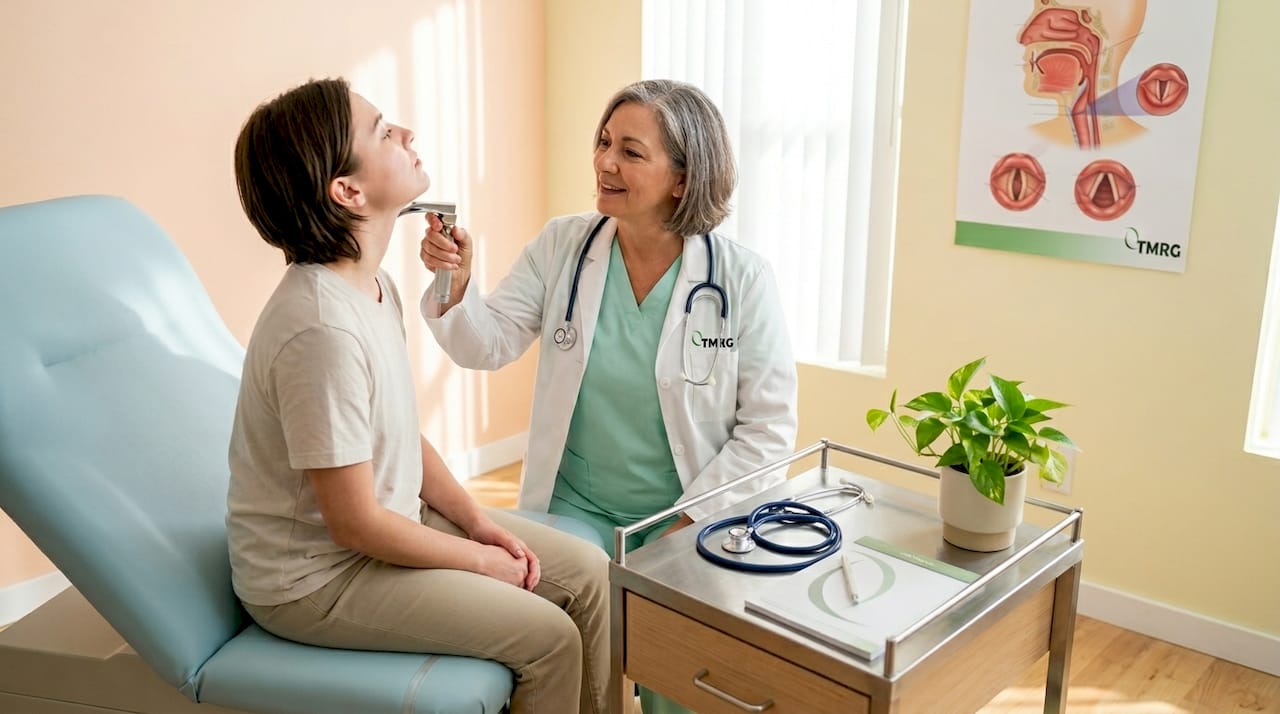 Doctor performing voice exam on patient
