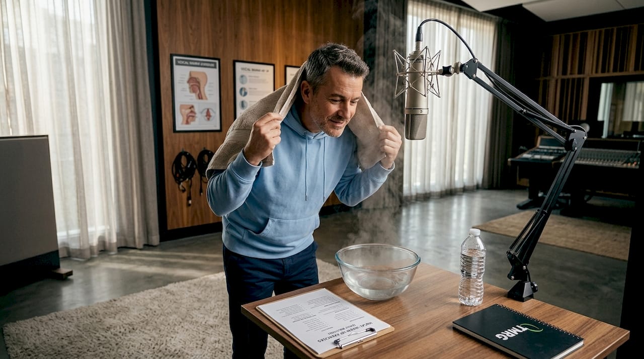 Voice coach steam inhalation in studio