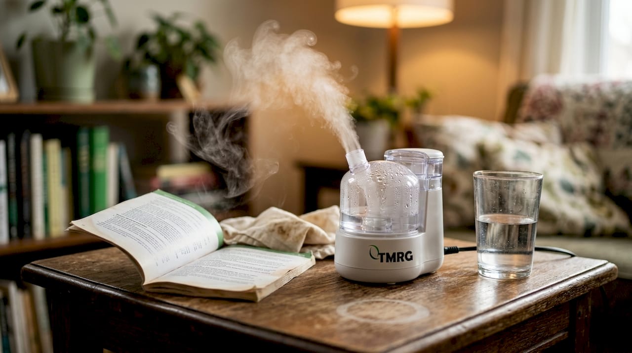 Nebulizer emitting mist on kitchen counter