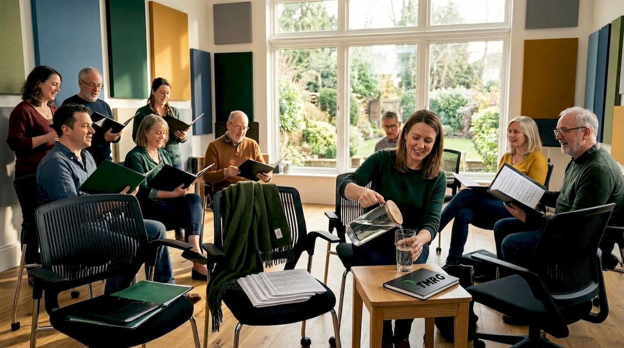 Choral singers rehearsing in relaxed community setting