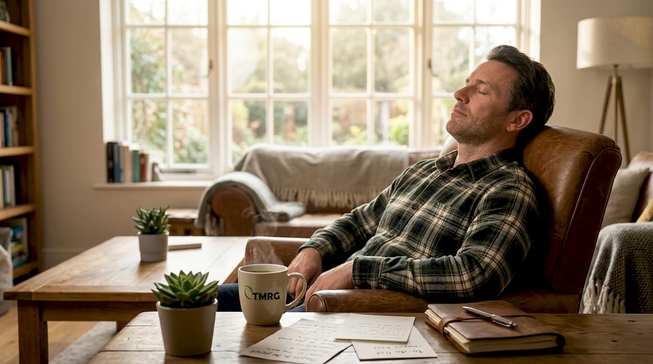 Man quietly resting voice at home desk