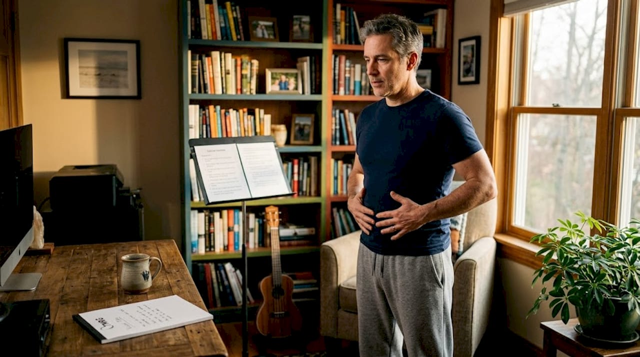 Man performs vocal anchoring exercise at home