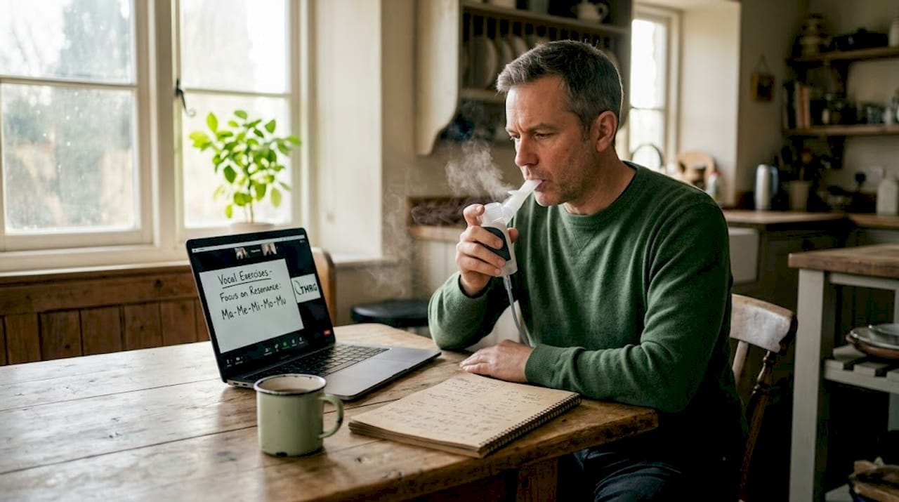 Voice teacher using nebulizer at kitchen table