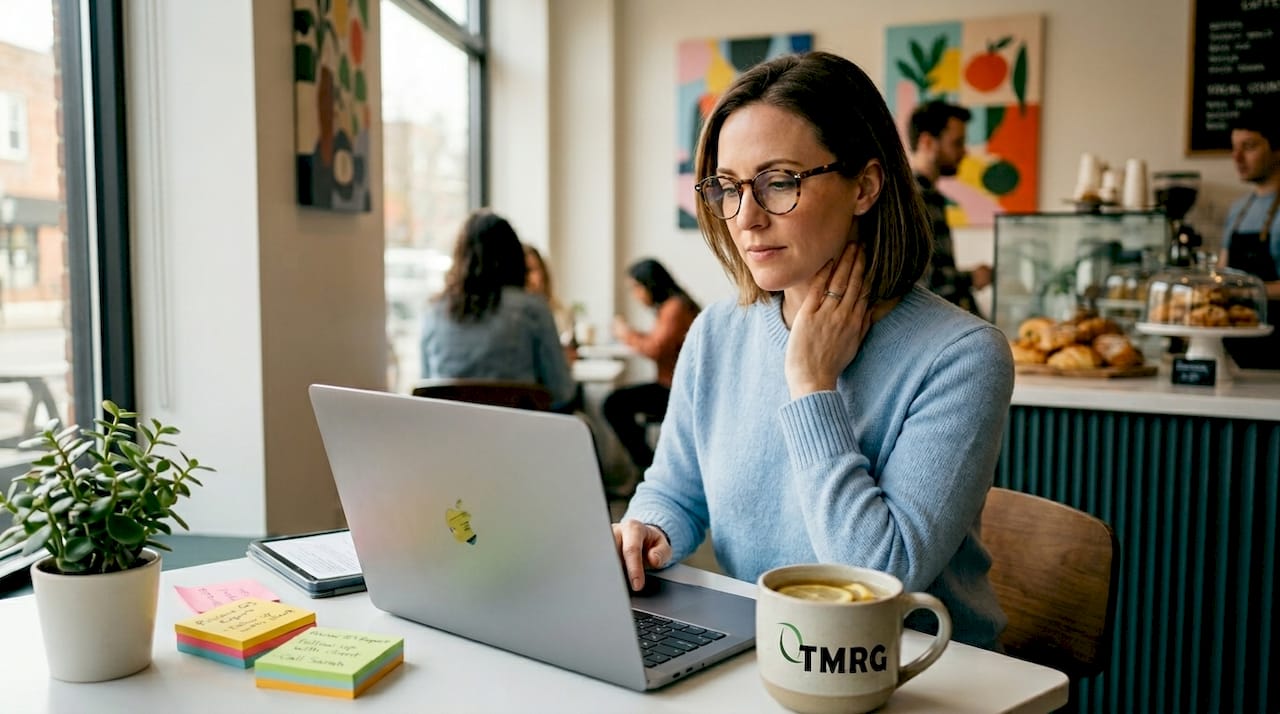 Office worker taking break for vocal strain