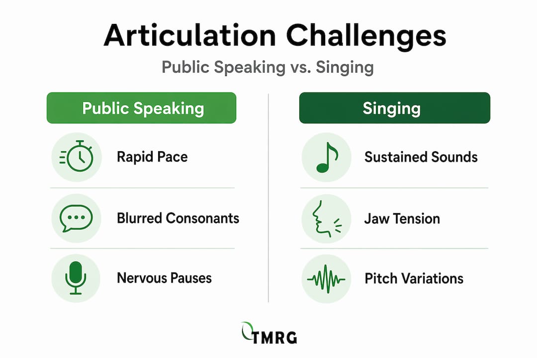 Infographic comparing articulation in public speaking and singing