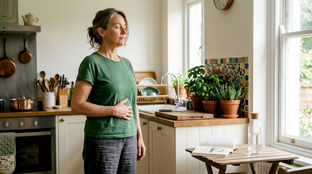 Woman practices breathing exercise at home