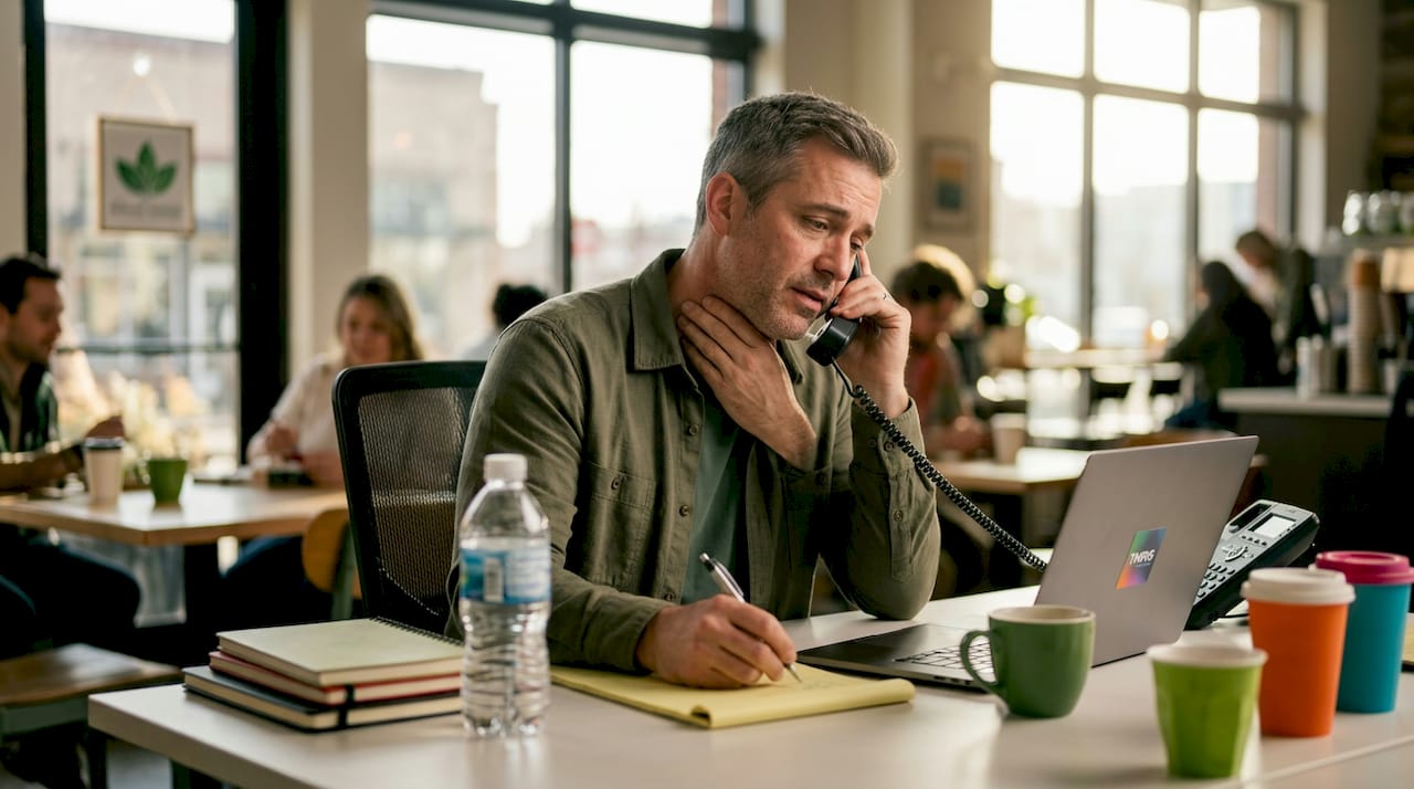 Man straining voice during office call
