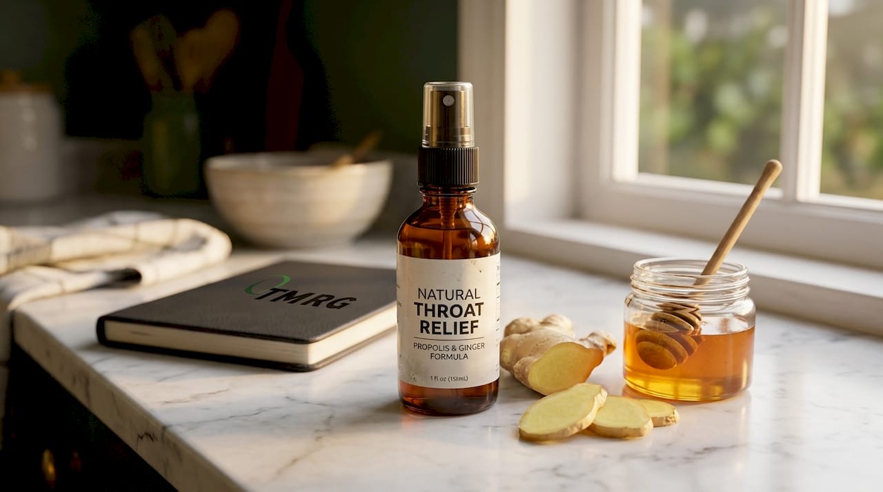 Close-up of throat spray bottle with ingredients