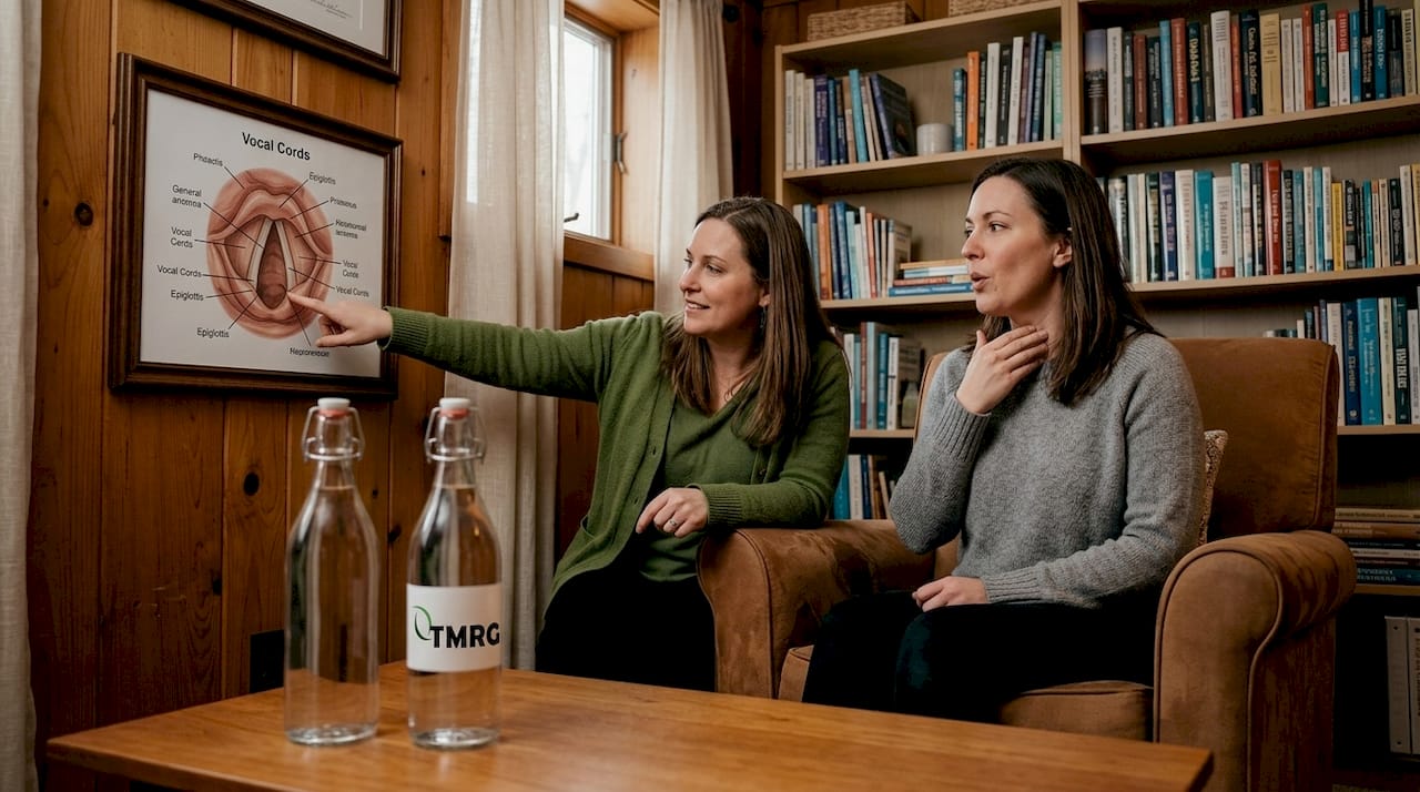 Speech therapist guiding adult patient vocal exercises