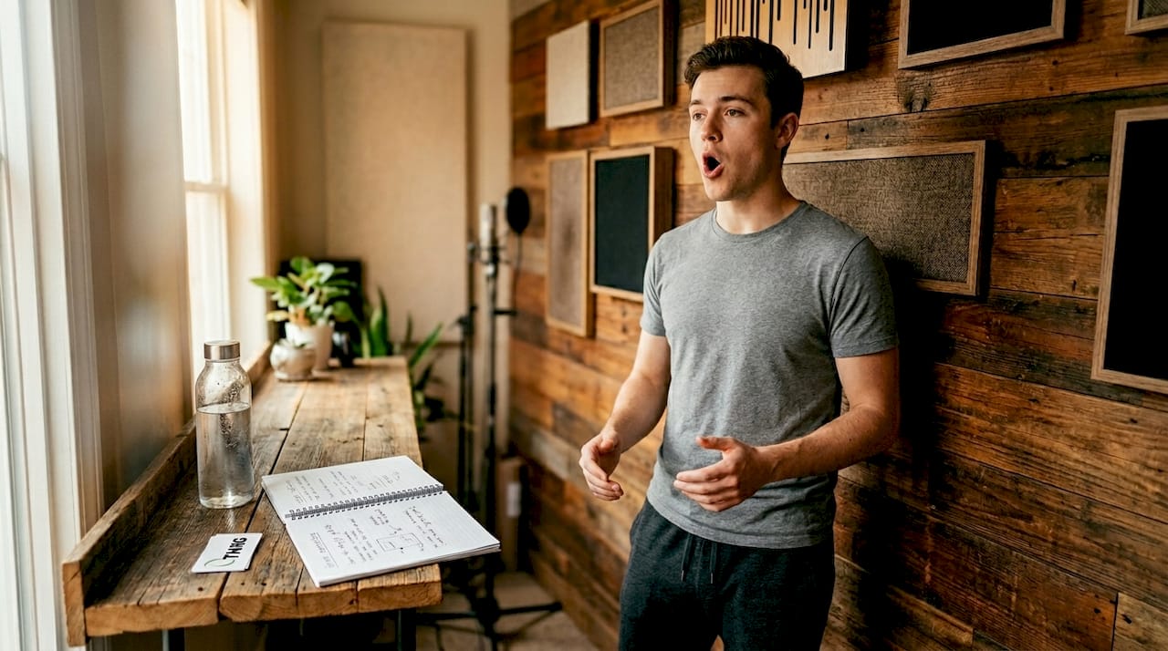 Man demonstrating vocal siren exercise indoors