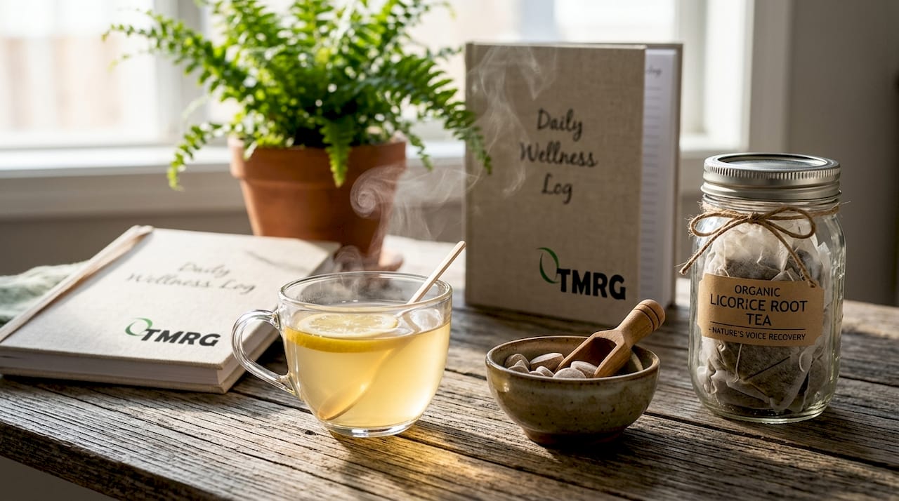 Natural voice recovery remedies on kitchen counter