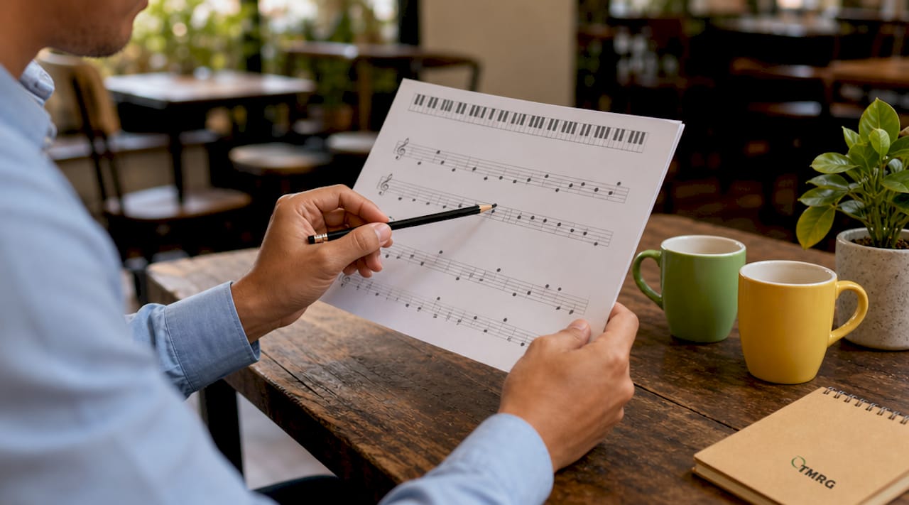 Hands pointing at scientific pitch notation chart