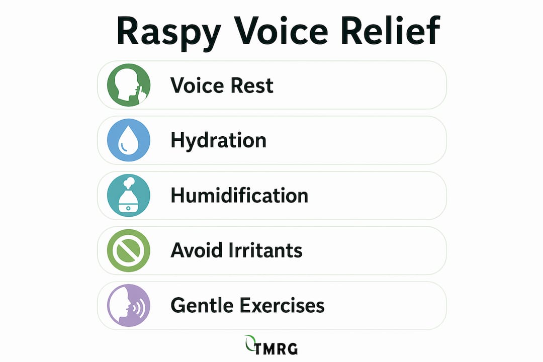 Infographic illustrating steps to relieve raspy voice