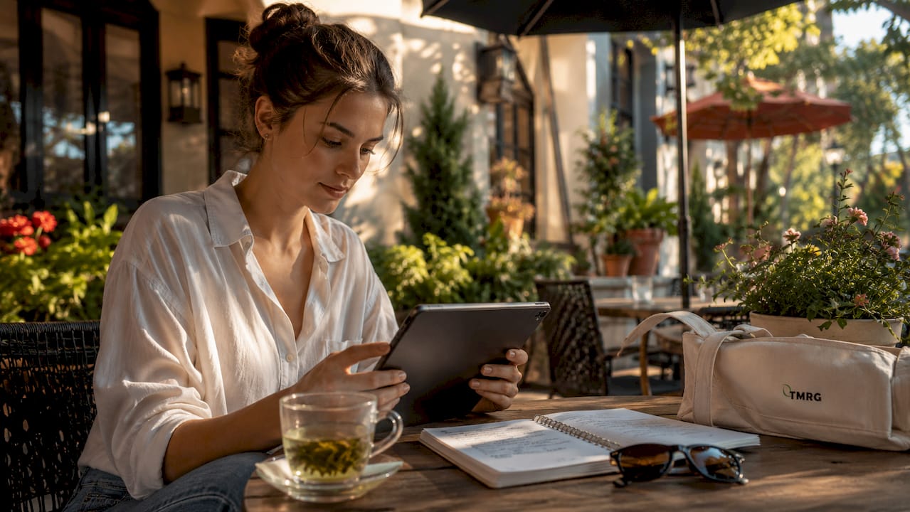 Woman researching vocal coaches on tablet