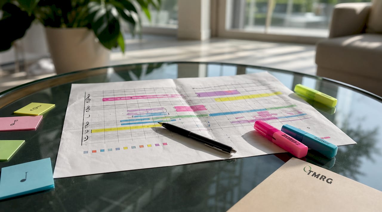 Printed vocal range chart on desk with pens
