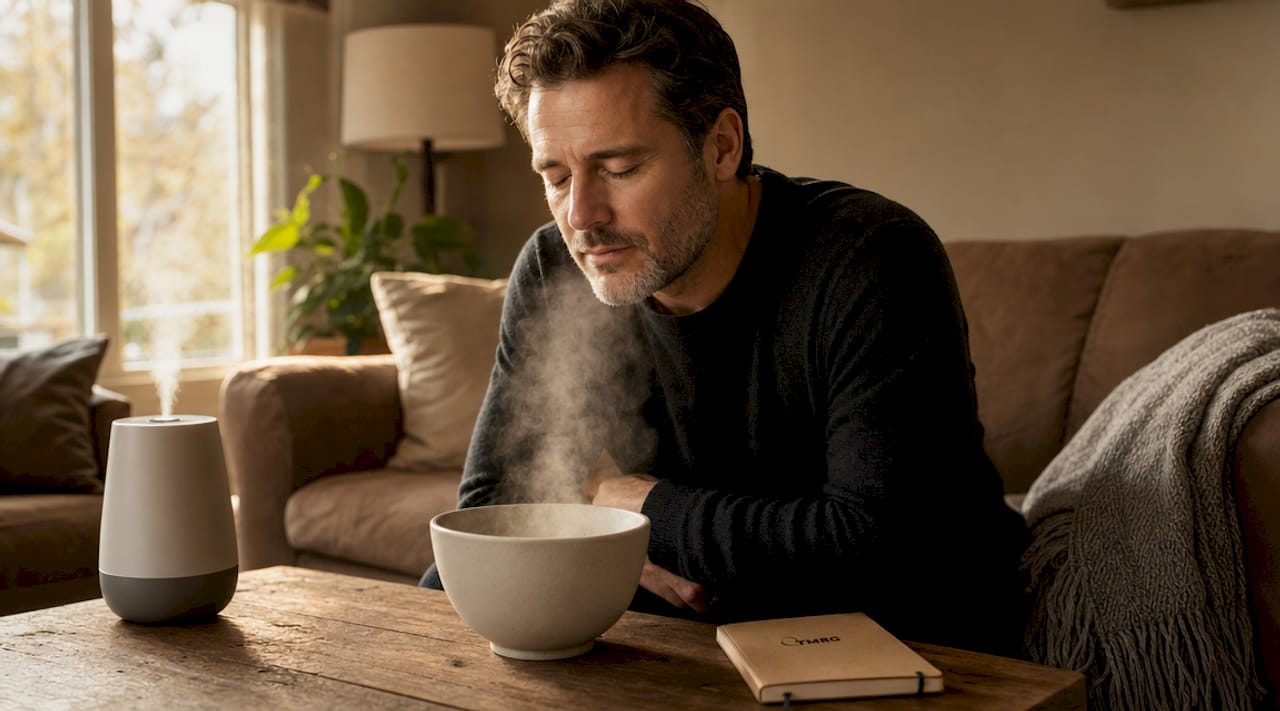 Man inhaling steam for vocal hydration