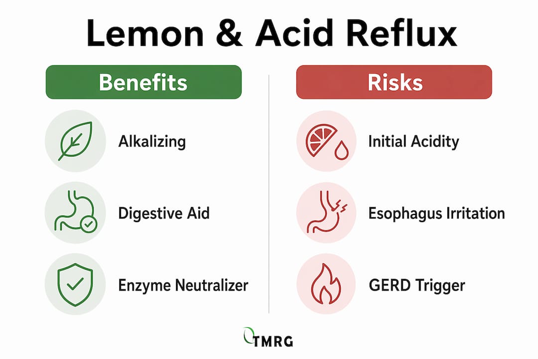 Infographic comparing benefits and risks of lemon for acid reflux
