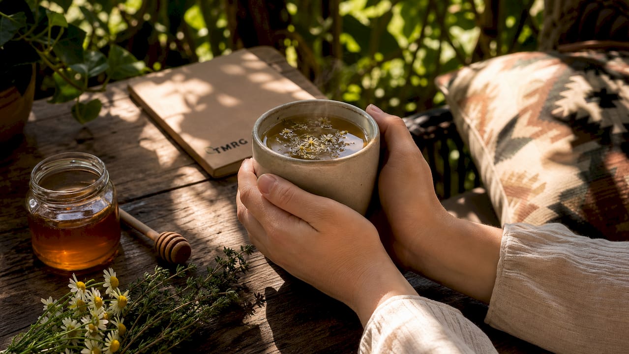 Hands holding steaming herbal tea with honey