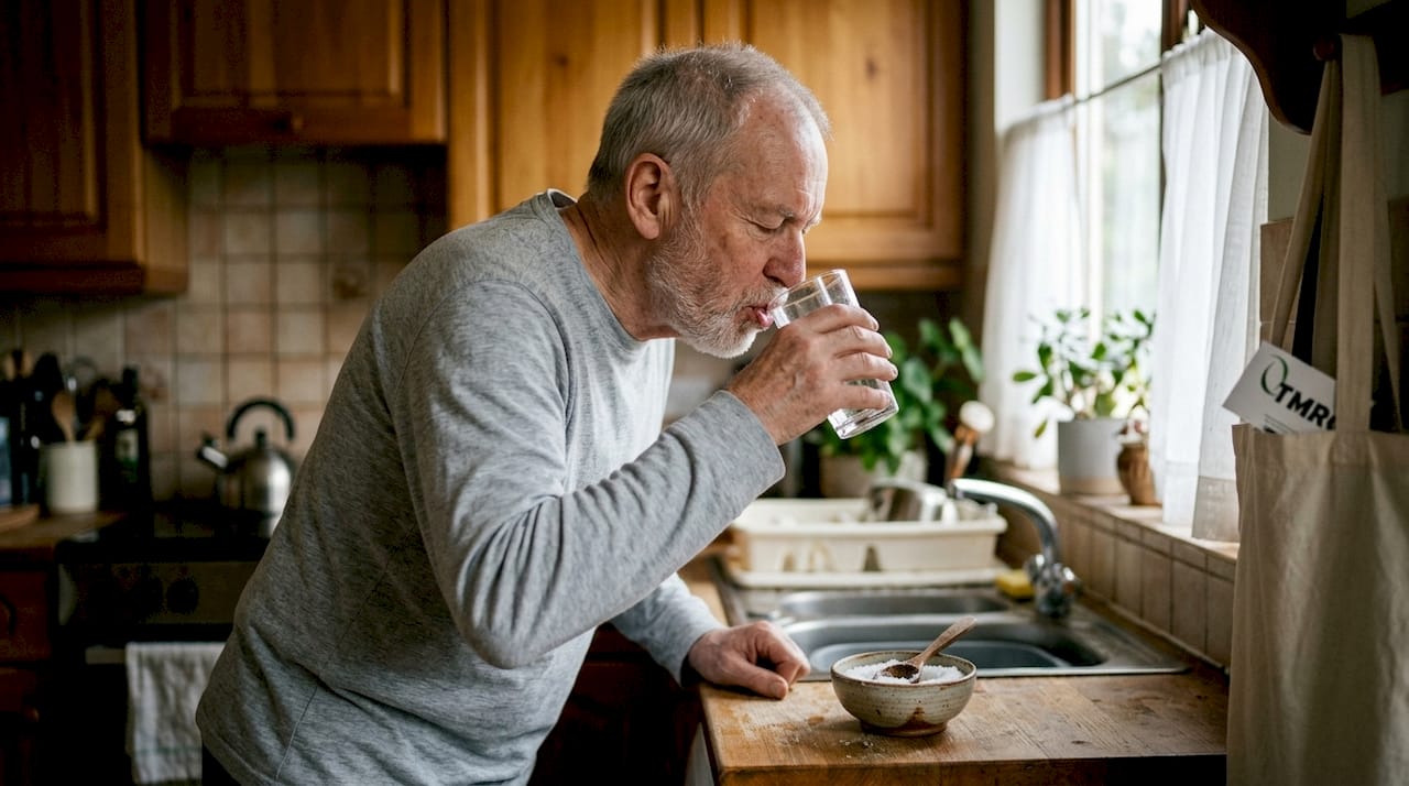 Elderly man gargling saltwater in bathroom