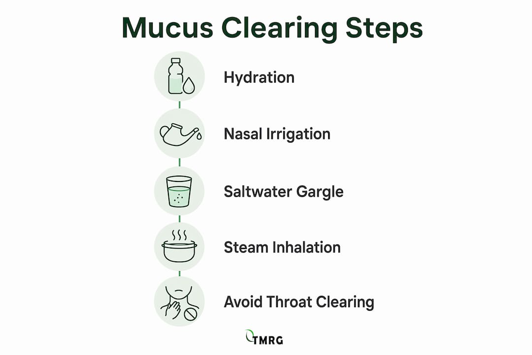 Infographic showing five steps to clear throat mucus naturally