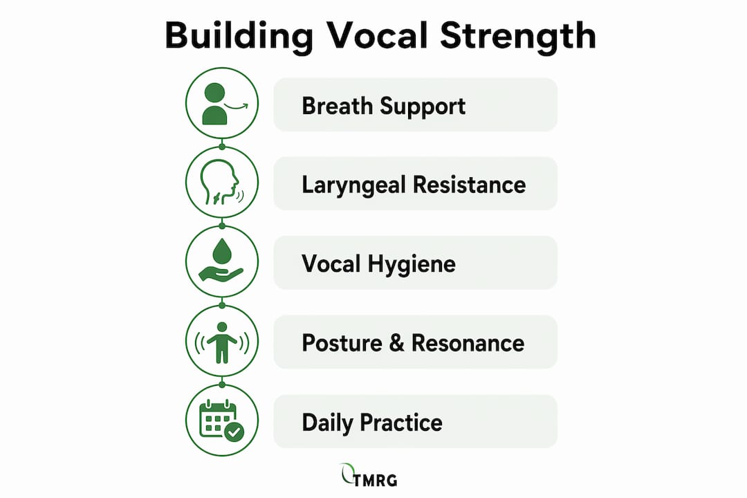 Infographic showing steps to build vocal strength