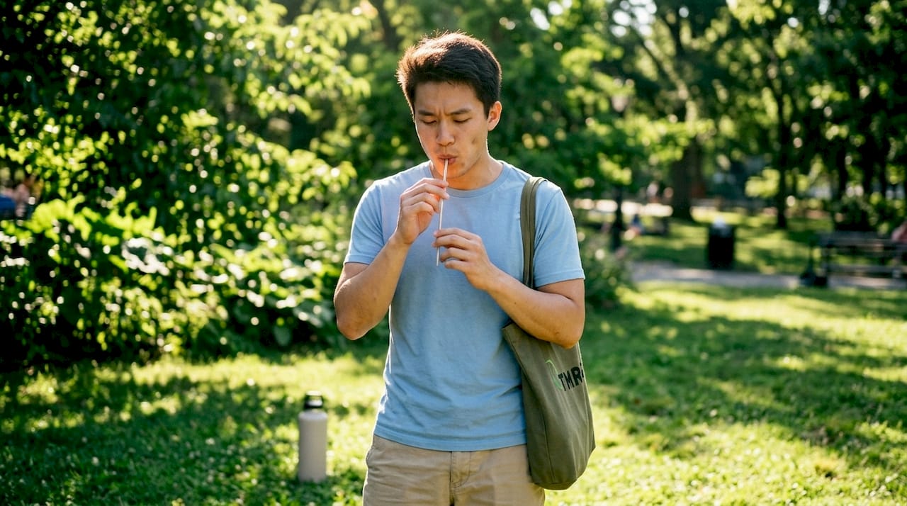 Young man doing straw phonation singing exercise