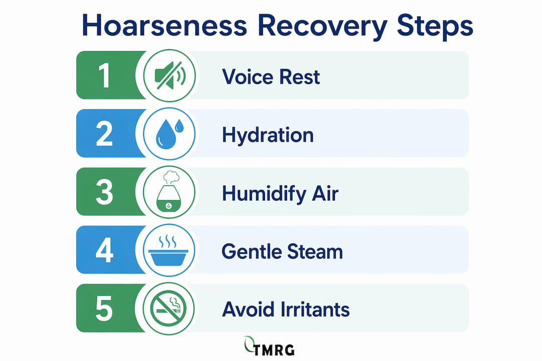 Infographic outlining key steps for hoarseness recovery