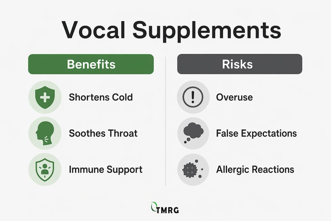 Infographic comparing benefits and risks of vocal supplements