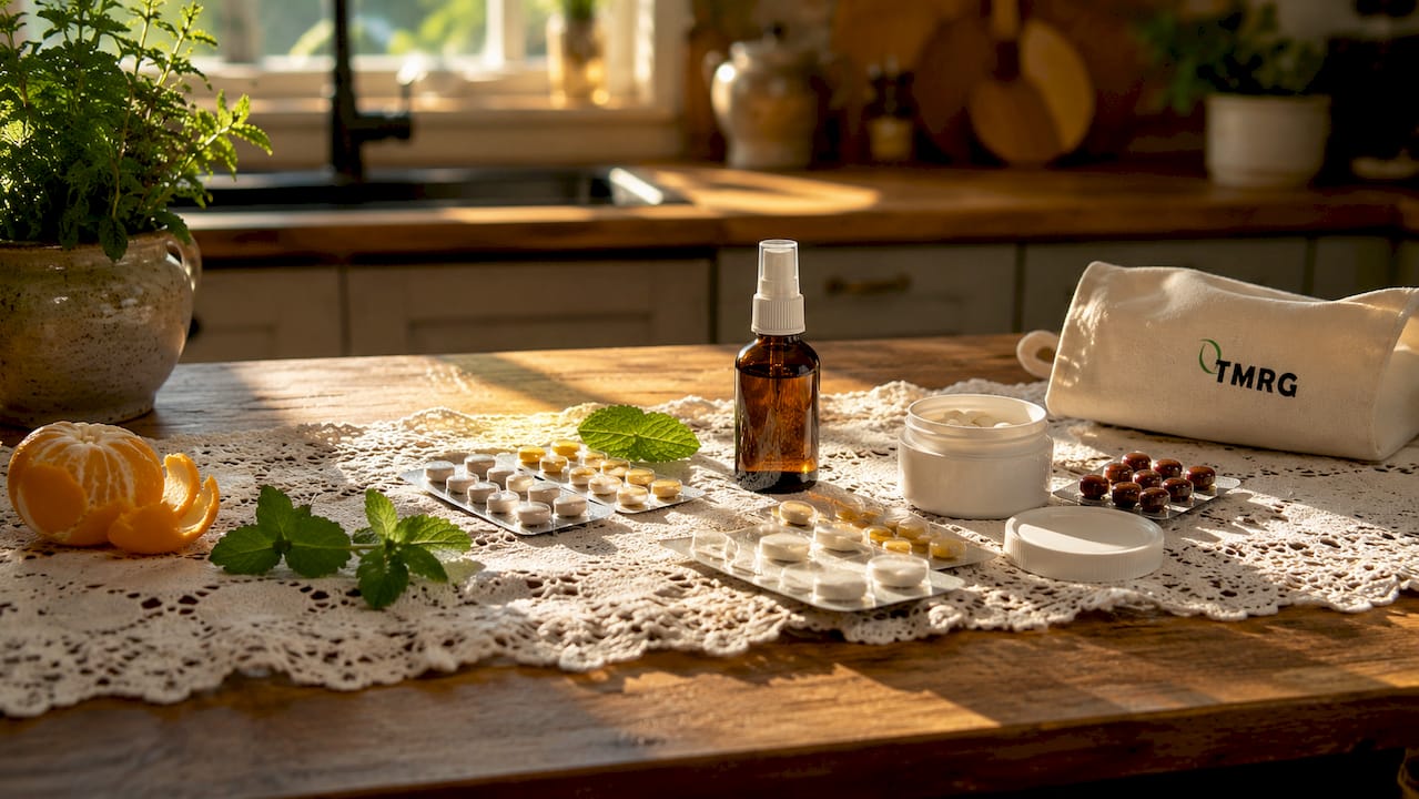 Overhead view of vocal health products on table