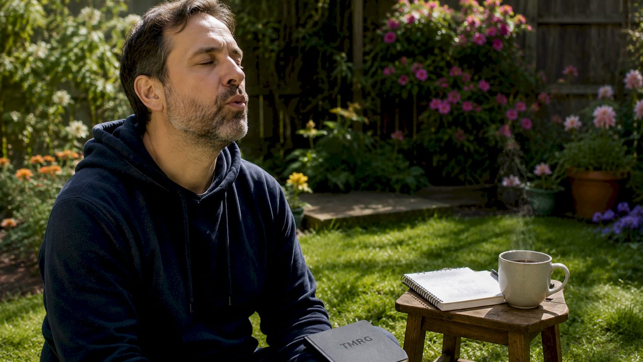 Man performing lip trill vocal warm-up at home