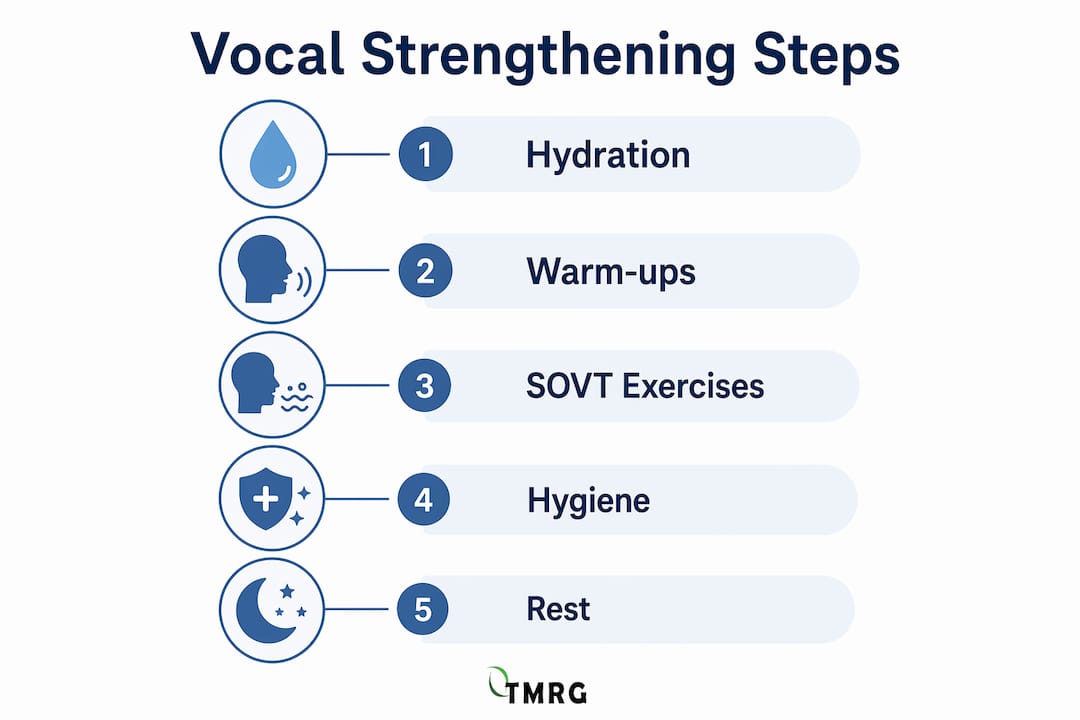 Infographic outlining vocal cord strengthening steps
