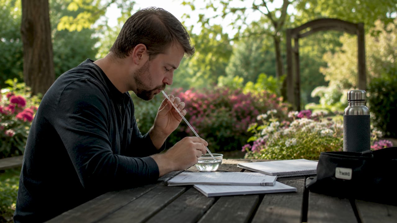 Hands holding straw for vocal exercise with water cup