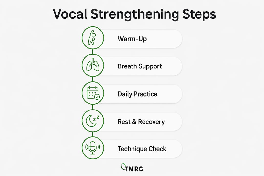 Infographic illustrating vocal strengthening steps