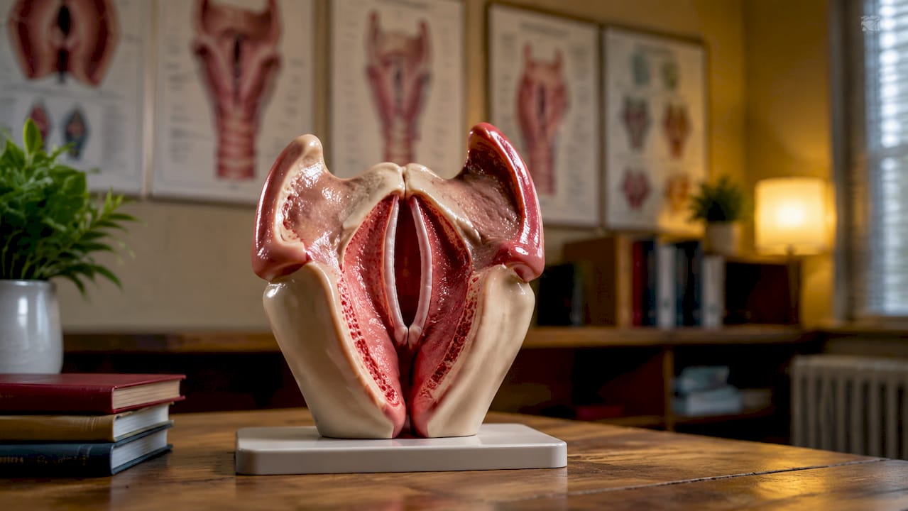 Close-up medical model of hydrated vocal cords