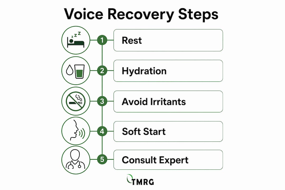 Infographic illustrating hoarse voice recovery steps