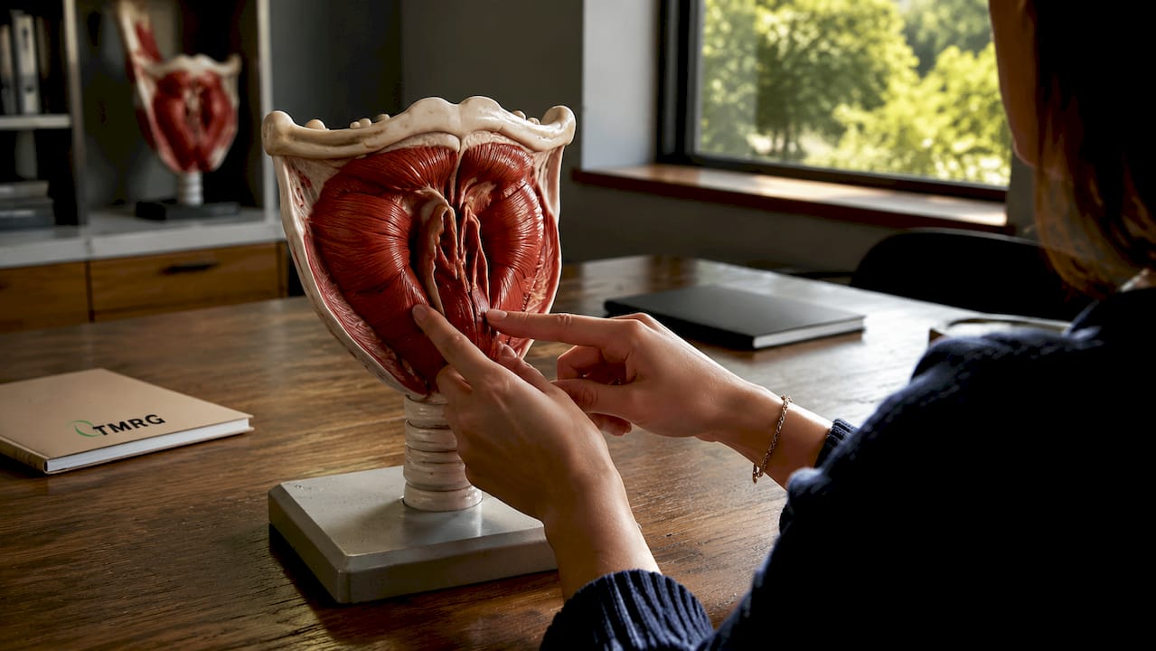 Hands pointing to vocal fold anatomy model