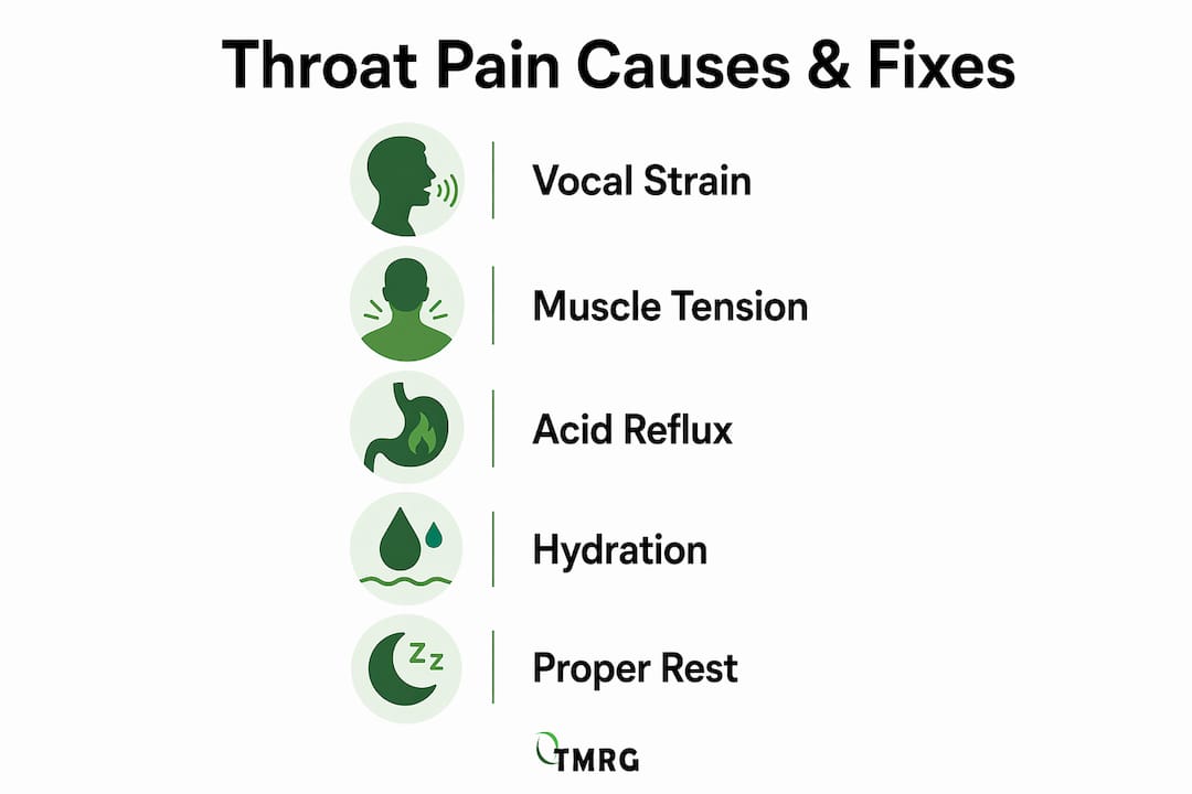 Infographic showing causes and fixes for singing throat pain