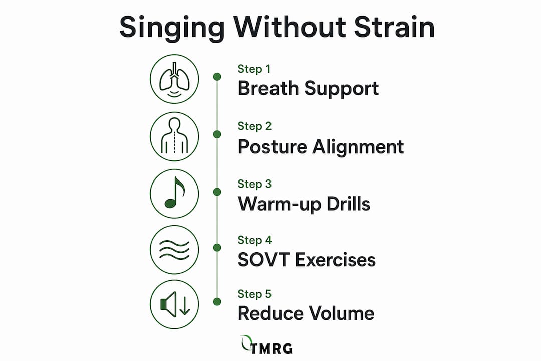 Infographic outlining five steps to sing without strain