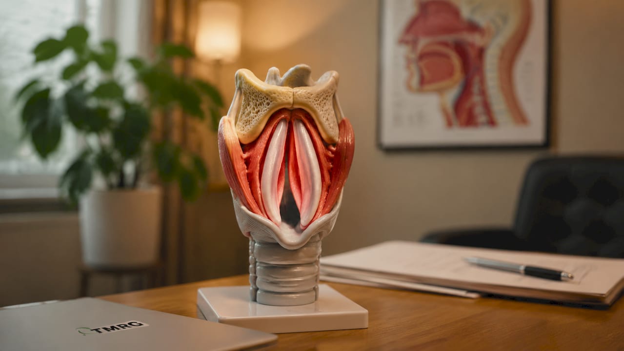 Anatomical model showing inflamed vocal cords