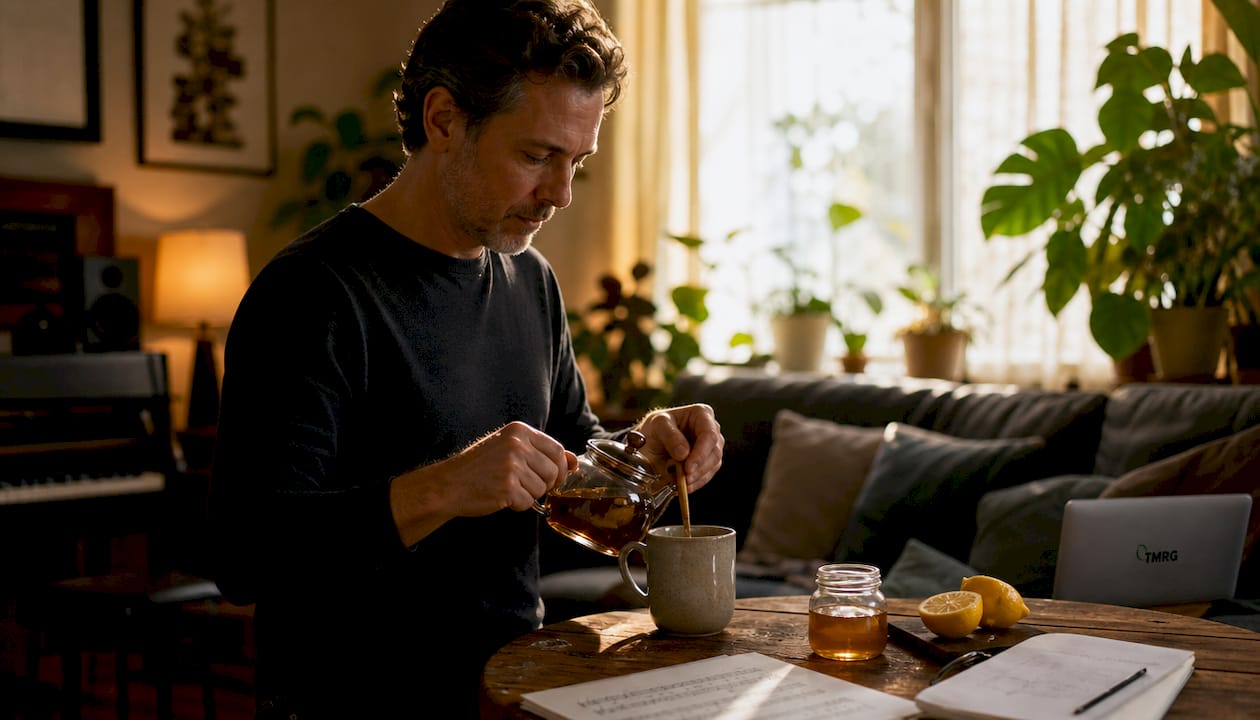 Singer preparing warm tea for vocal hydration