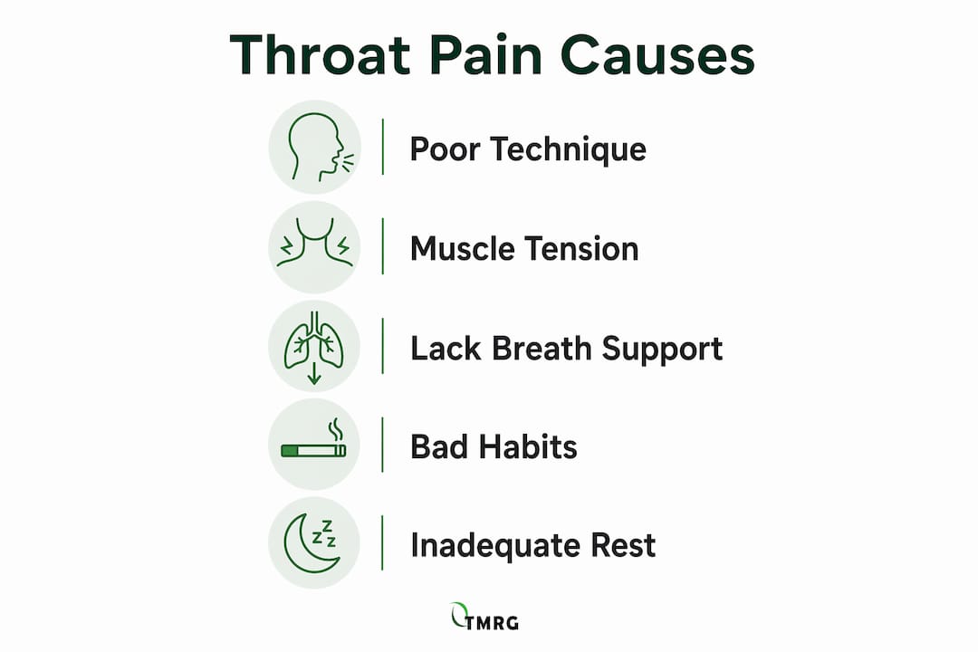 Infographic listing causes of throat pain in singing