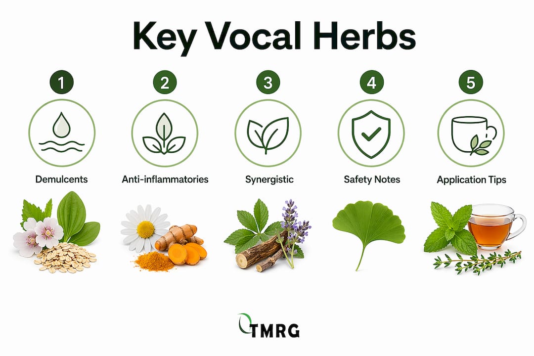Infographic illustrating main herbs for vocal repair