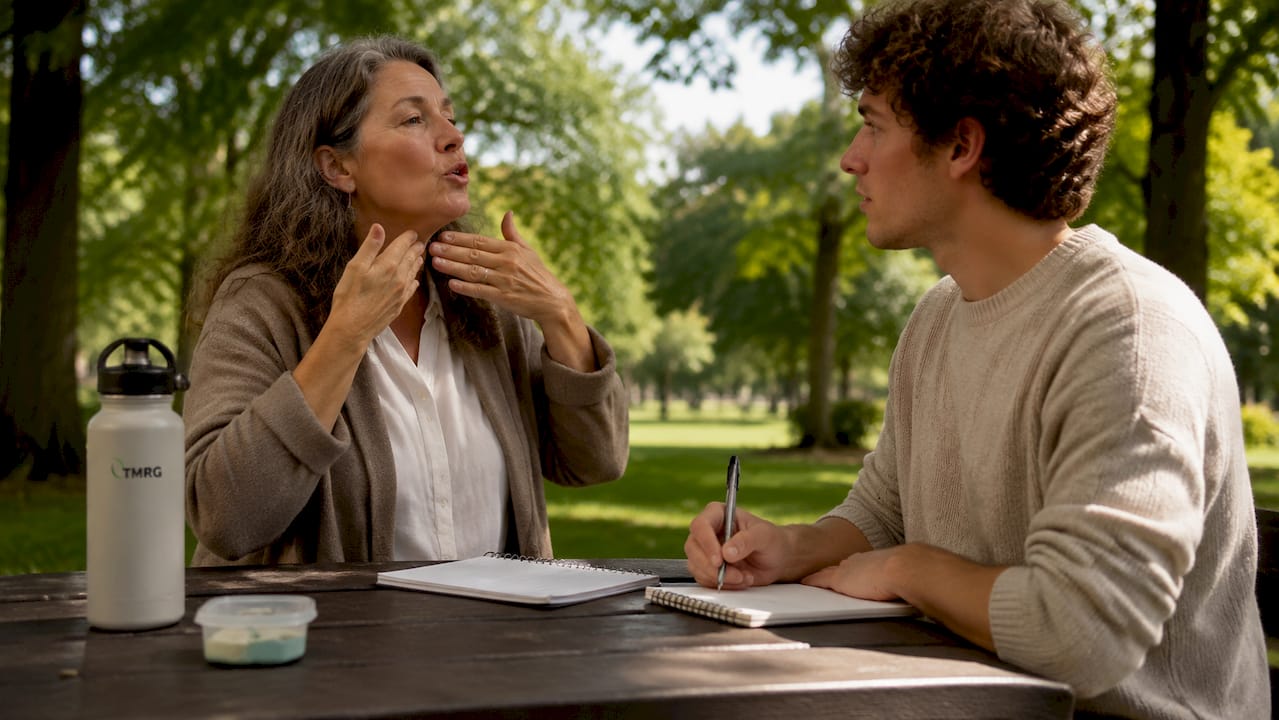 Voice therapist coaching singer during vocal care session