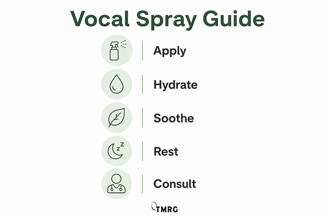 Infographic showing vocal spray application steps and benefits