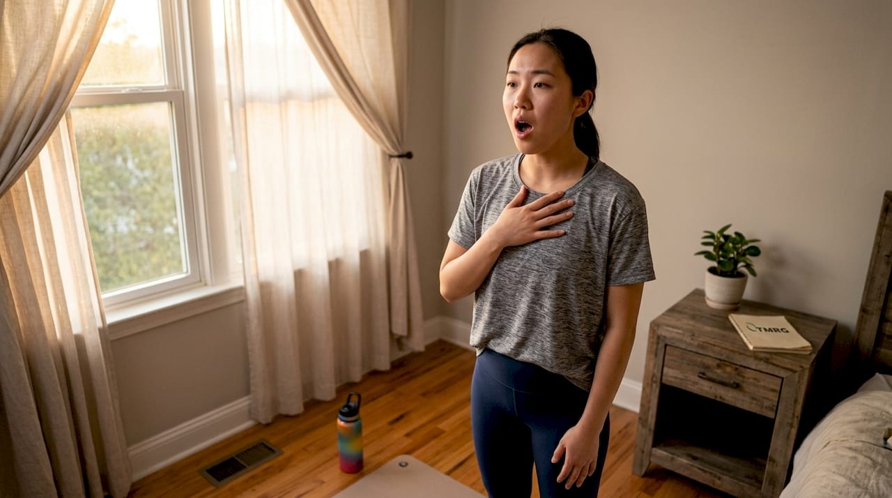 Woman doing vocal clarity exercises at home