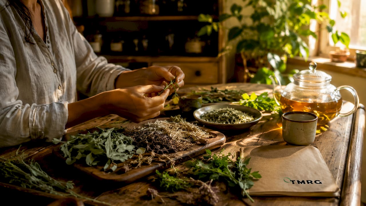 Overhead view of herbs and herbal tea for vocal health