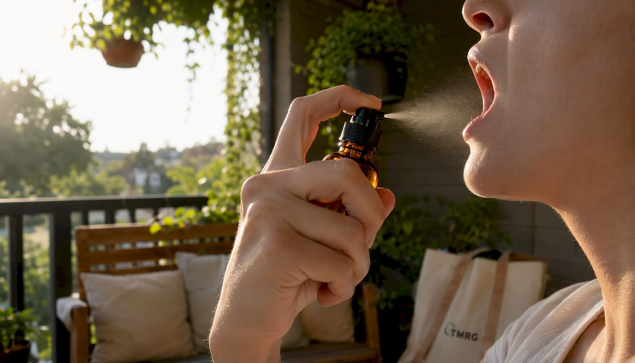 Close-up of hands using herbal throat spray