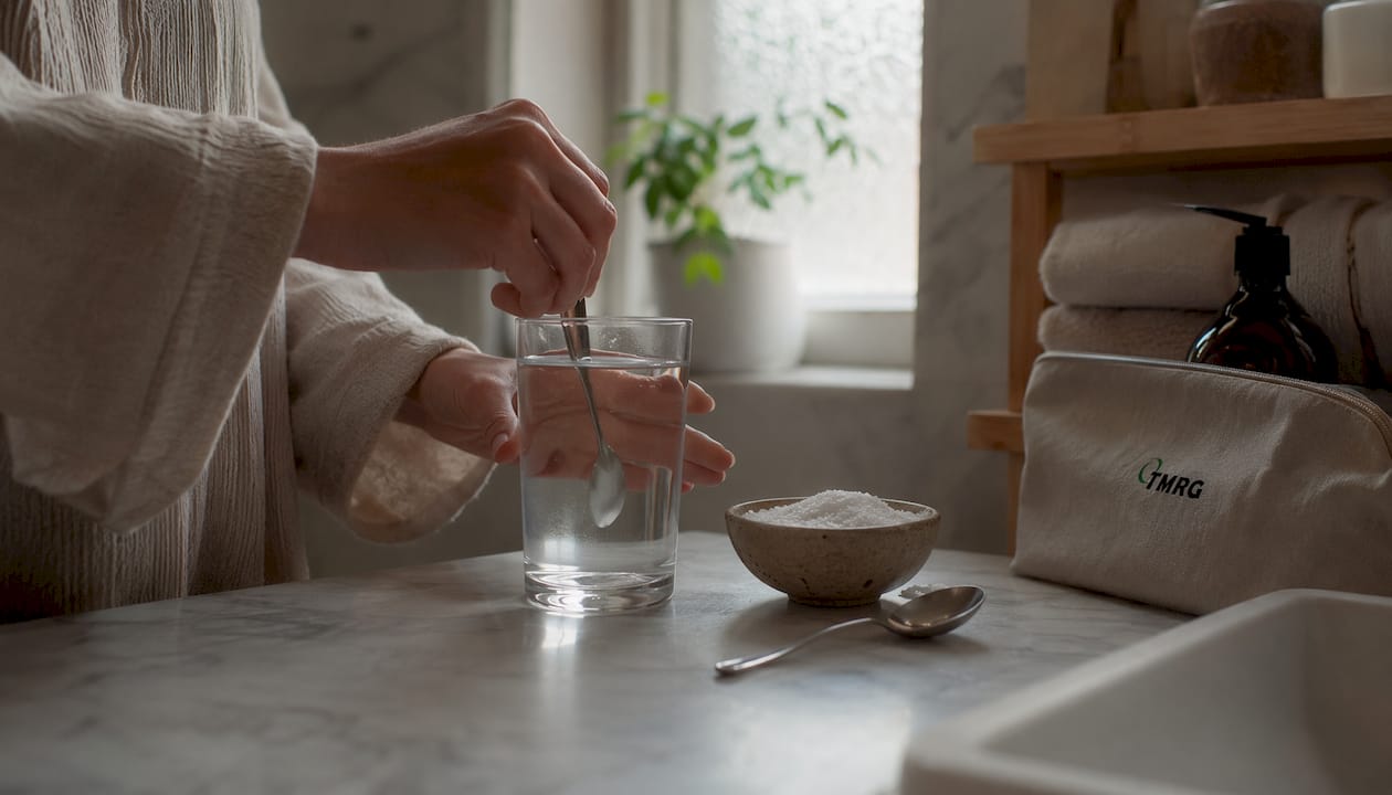 Hands mixing warm saltwater gargle in kitchen